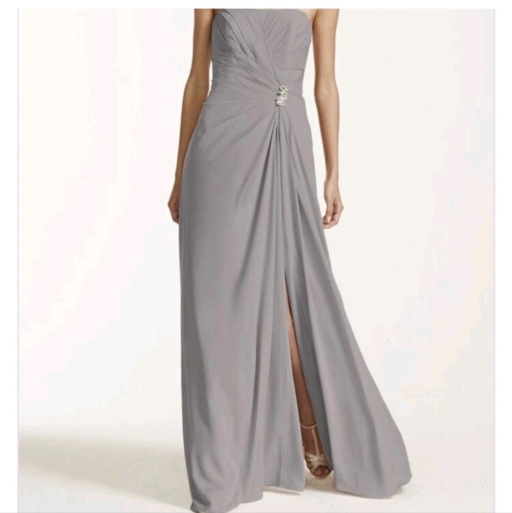 David’s Bridal Long Strapless Crepe Dress with Brooch Elegant Gray Evening Gown
